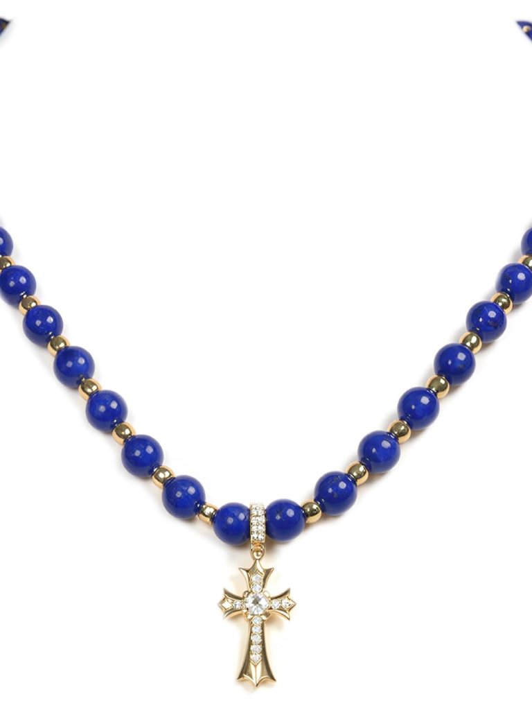 Nature Lapis Lazuli Women's Pendant Necklace 14k Gold Diamond Cross Handmade Jew